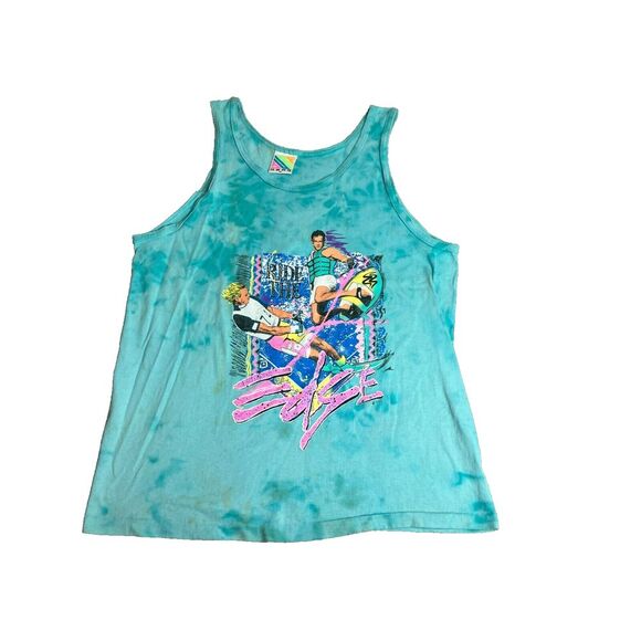 Vintage Ride The Edge Shirt Adult‎ Medium Blue Tank Single Stitch Surfboard 80s - Picture 1 of 11